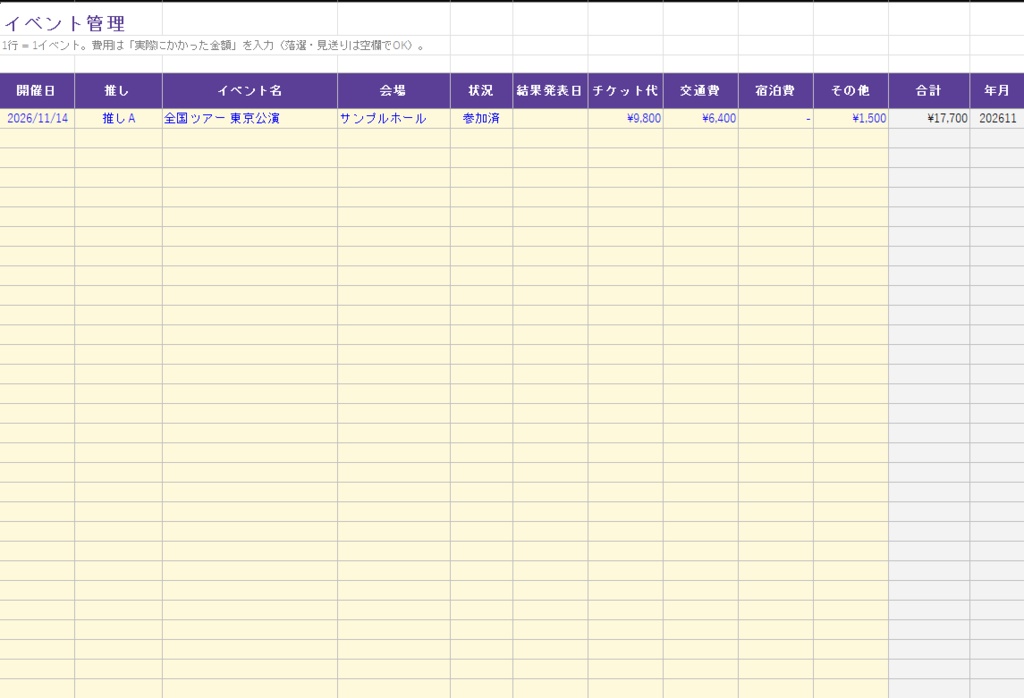 【無料】推し活イベント管理シート|当落・遠征費を月別に自動集計(Excel)