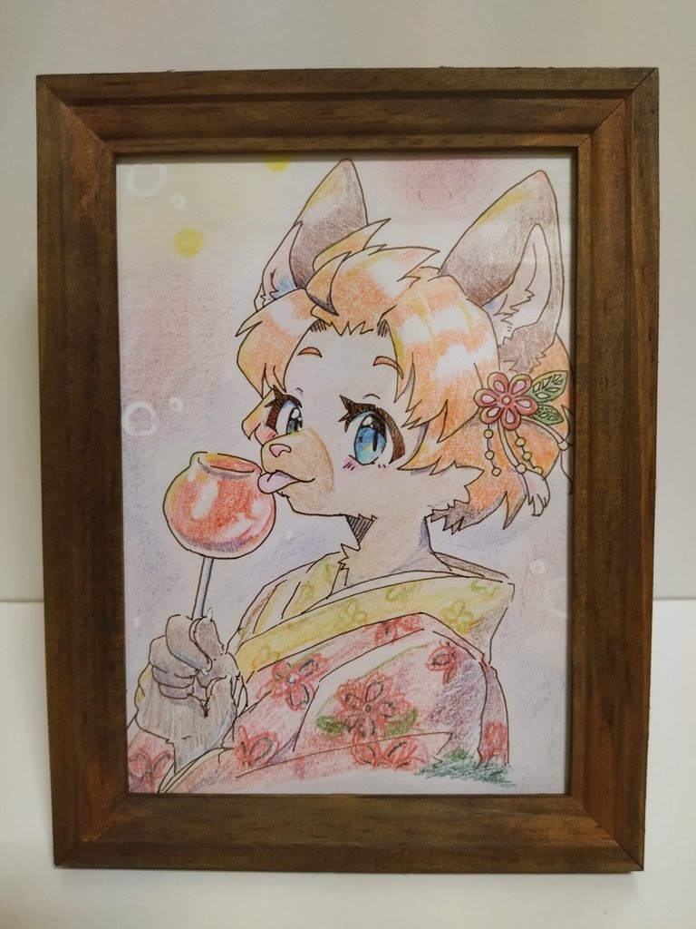 額入りイラスト「りんご飴なめなめコロネちゃん」