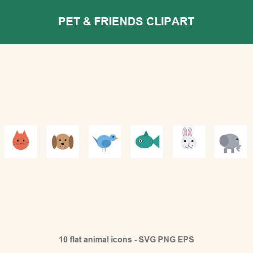 Pet & Farm Animals Clipart Bundle - 10 SVG + EPS + PNG (cat, dog, lion, giraffe, elephant...)