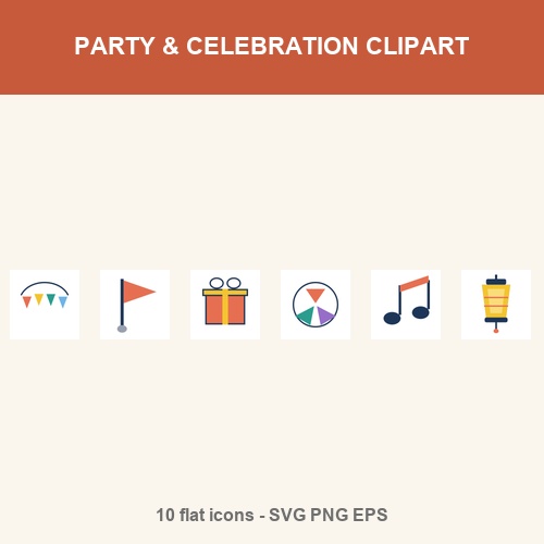 Party & Celebration Clipart Bundle - 10 SVG + EPS + PNG (balloon, gift, bunting, lantern, music...)