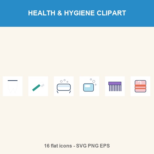 Health & Hygiene Clipart Bundle - 16 SVG + EPS + PNG (toothbrush, soap, towel, comb, bath...)