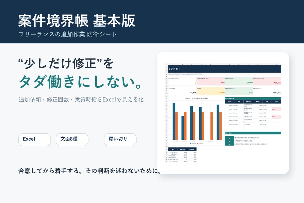 案件境界帳 基本版|追加作業・修正回数・実質時給を見える化するExcelテンプレート