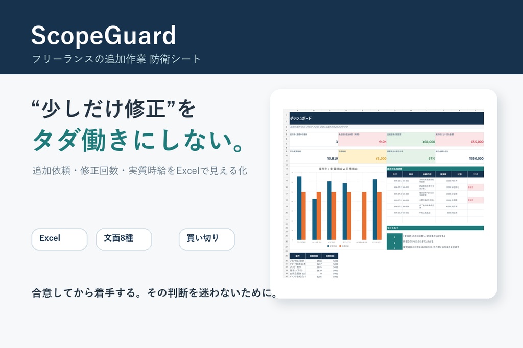 案件境界帳 基本版|追加作業・修正回数・実質時給を見える化するExcelテンプレート