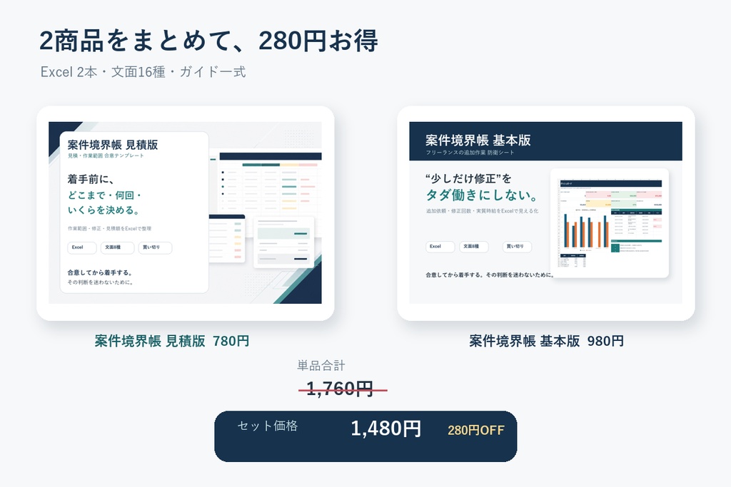 案件境界帳 完全版|見積から追加作業・実質時給まで守るExcelテンプレート2本セット