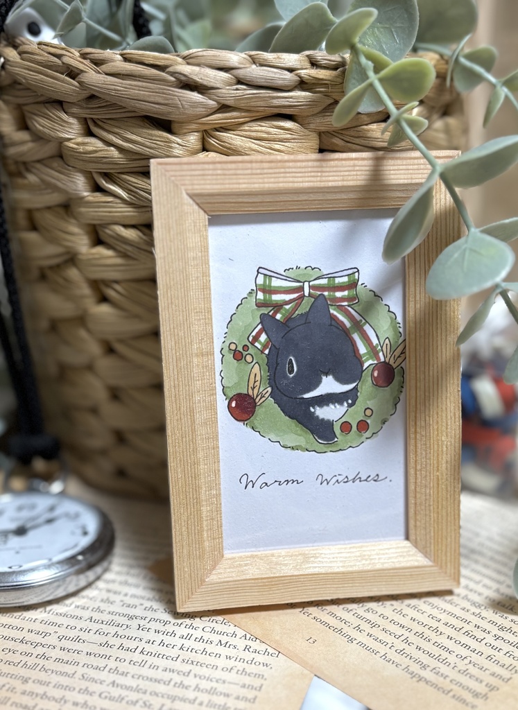 【原画】アナログイラスト 立ち耳うさぎさん ブラックシルバーマーチン