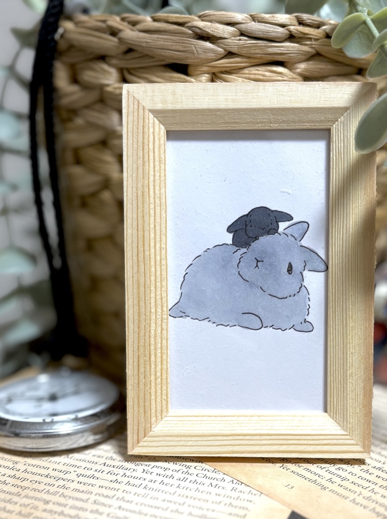 【原画】アナログイラスト長毛立ち耳うさぎさん ブルー