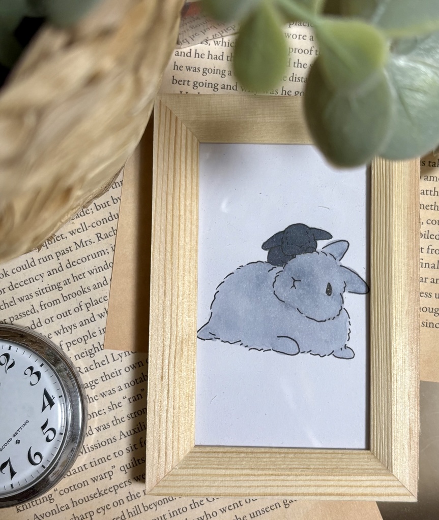 【原画】アナログイラスト長毛立ち耳うさぎさん ブルー