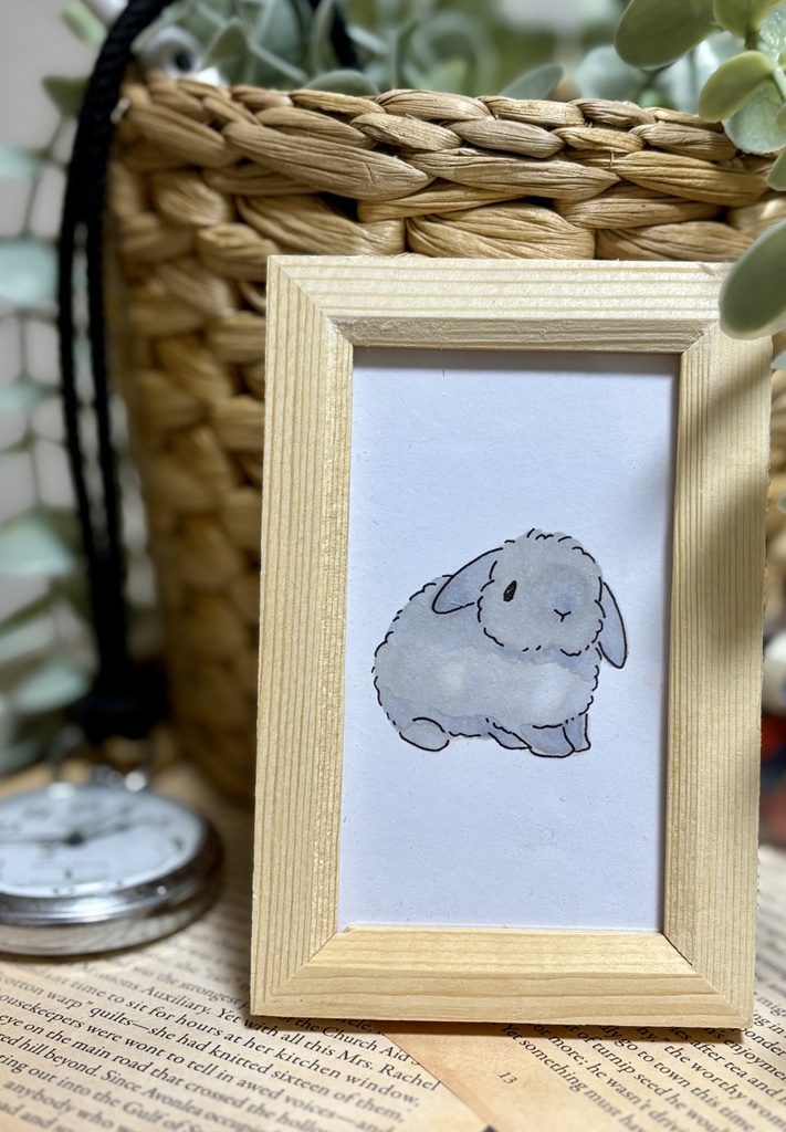 【原画】アナログイラスト 長毛垂れ耳うさぎさん ブルー