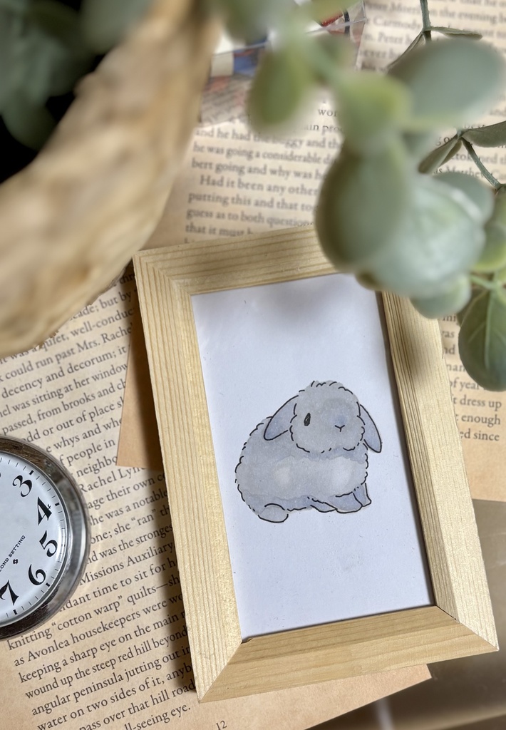 【原画】アナログイラスト 長毛垂れ耳うさぎさん ブルー