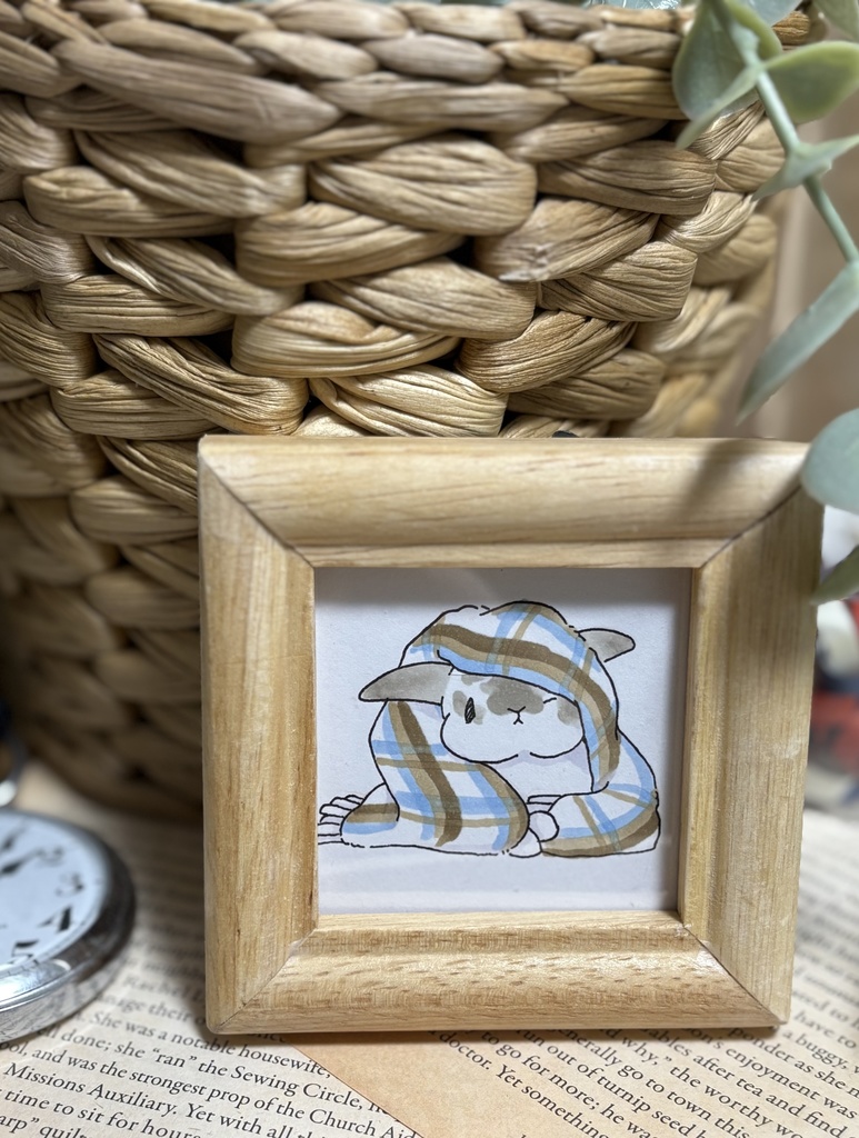 【原画】アナログイラスト 垂れ耳うさぎさん ブロークン ライラック 冬支度(マフラー)