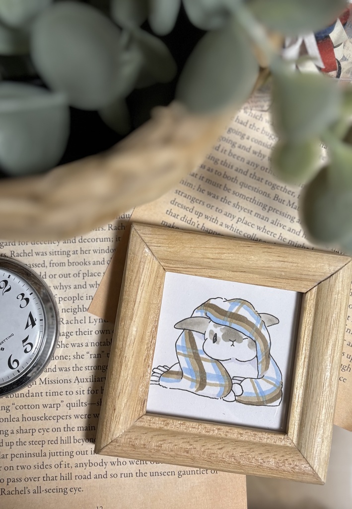 【原画】アナログイラスト 垂れ耳うさぎさん ブロークン ライラック 冬支度(マフラー)