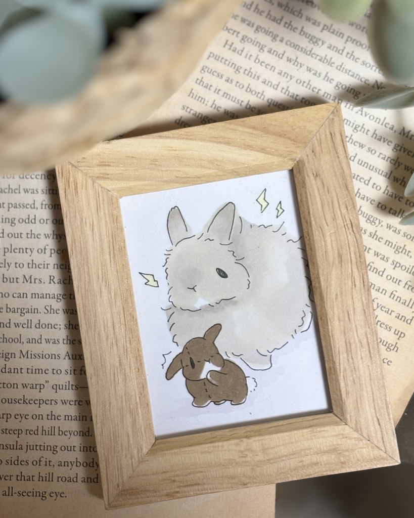 【原画】【アナログイラスト】立ち耳うさぎさん 長毛 『静電気にご用心』