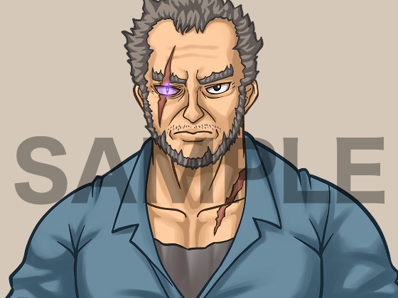 立ち絵素材、武器屋のおじさん、元戦士、作業着、隻眼キャラ、C12