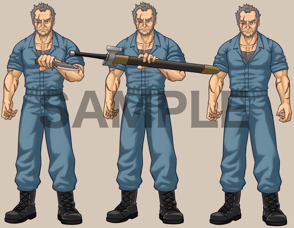 立ち絵素材、武器屋のおじさん、元戦士、作業着、隻眼キャラ、C12