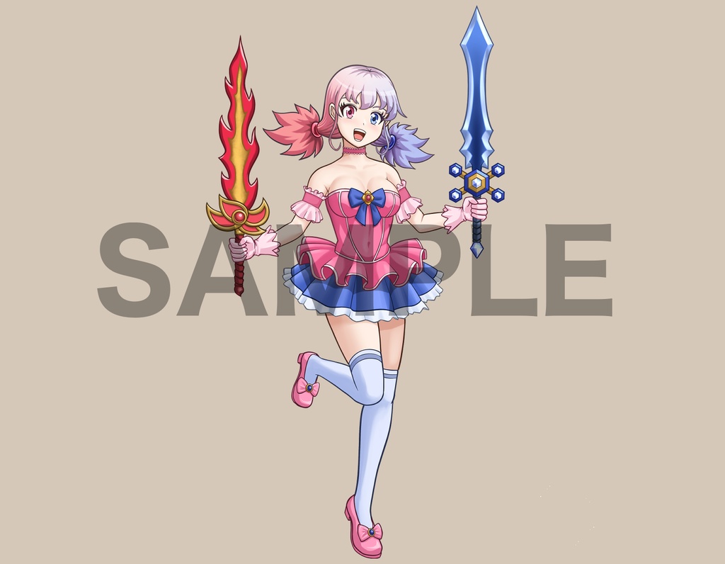 立ち絵素材、炎の剣と氷の剣を持つ、アイドル衣装の女戦士、C13。