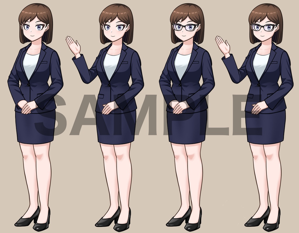 立ち絵素材、ビジネススーツの女性、メガネあり、なし、C01