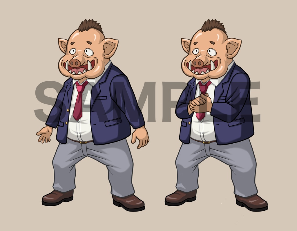 立ち絵素材、ごますりオーク、現代スーツ、ファンタジー服、学生ブレザー、C18