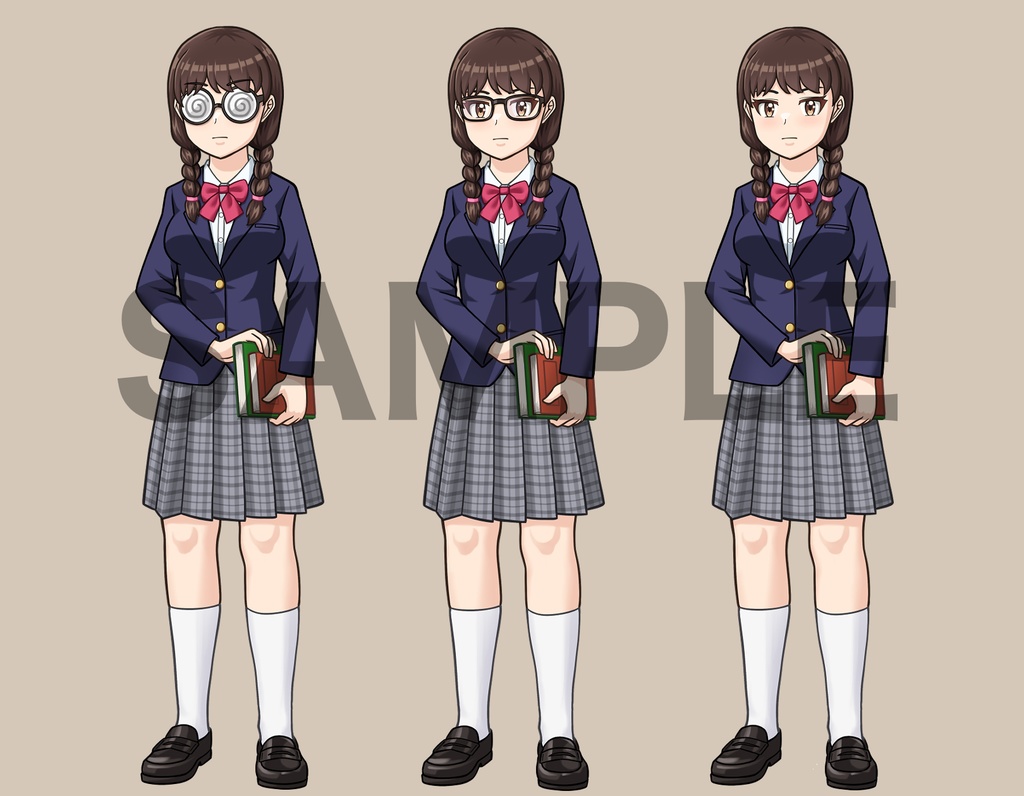 立ち絵素材、ぐるぐるメガネ三つ編みおさげの女子高生、セーラー服、ブレザー、C20