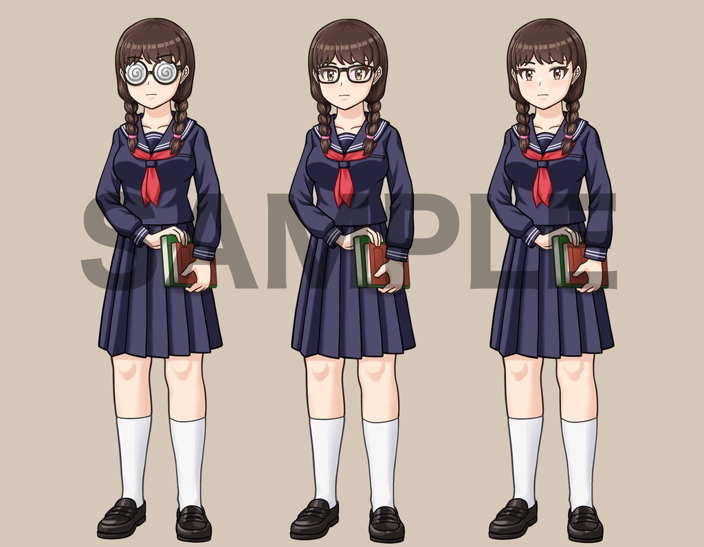 立ち絵素材、ぐるぐるメガネ三つ編みおさげの女子高生、セーラー服、ブレザー、C20