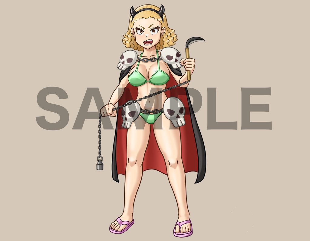 立ち絵素材、鎖鎌を持った、オールバック金髪ソバージュの水着女性、C23