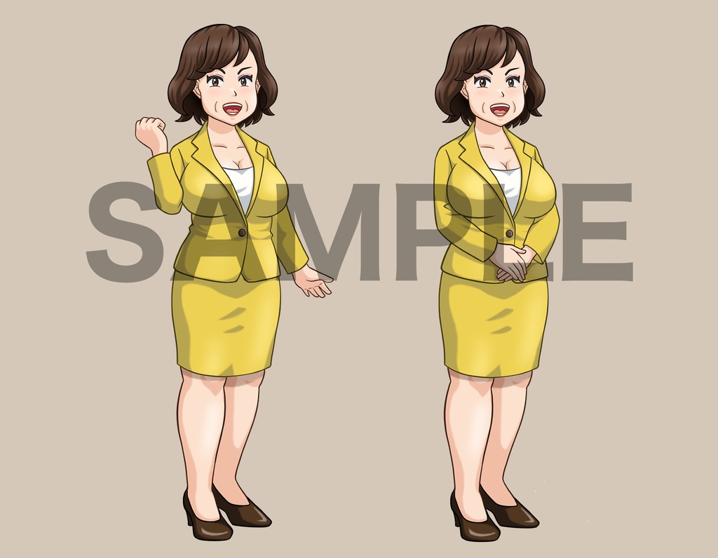 立ち絵素材、ガッツポーズをする、スーツの中年女性、C38