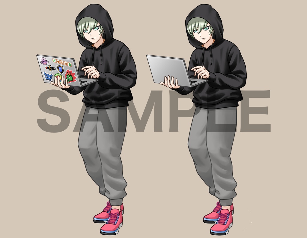 立ち絵素材、フードを被ったハッカーの男、C42