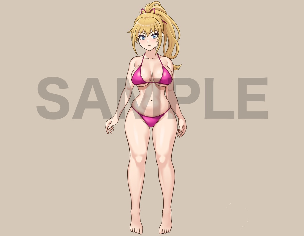 立ち絵素材、ポニーテールの水着女性、C02