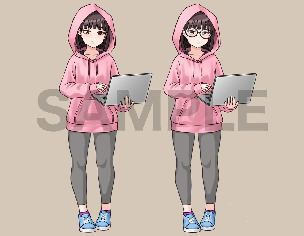 立ち絵素材、フードを被ったハッカーの女、C43