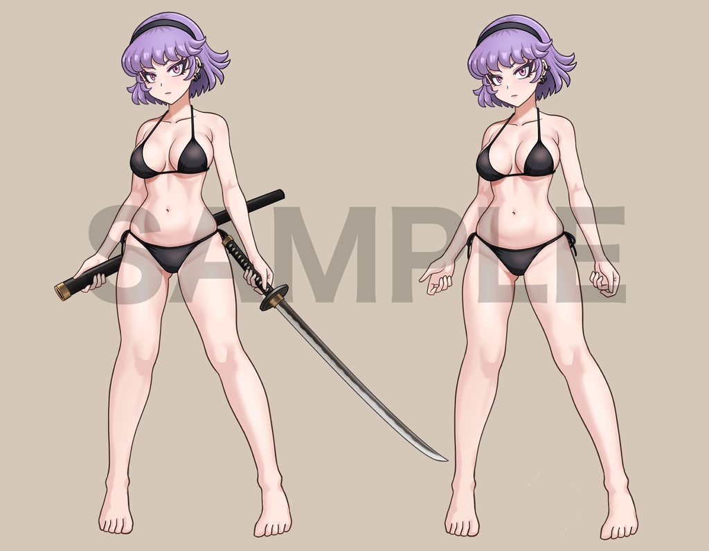 立ち絵素材、刀を持つ水着の女性、C04
