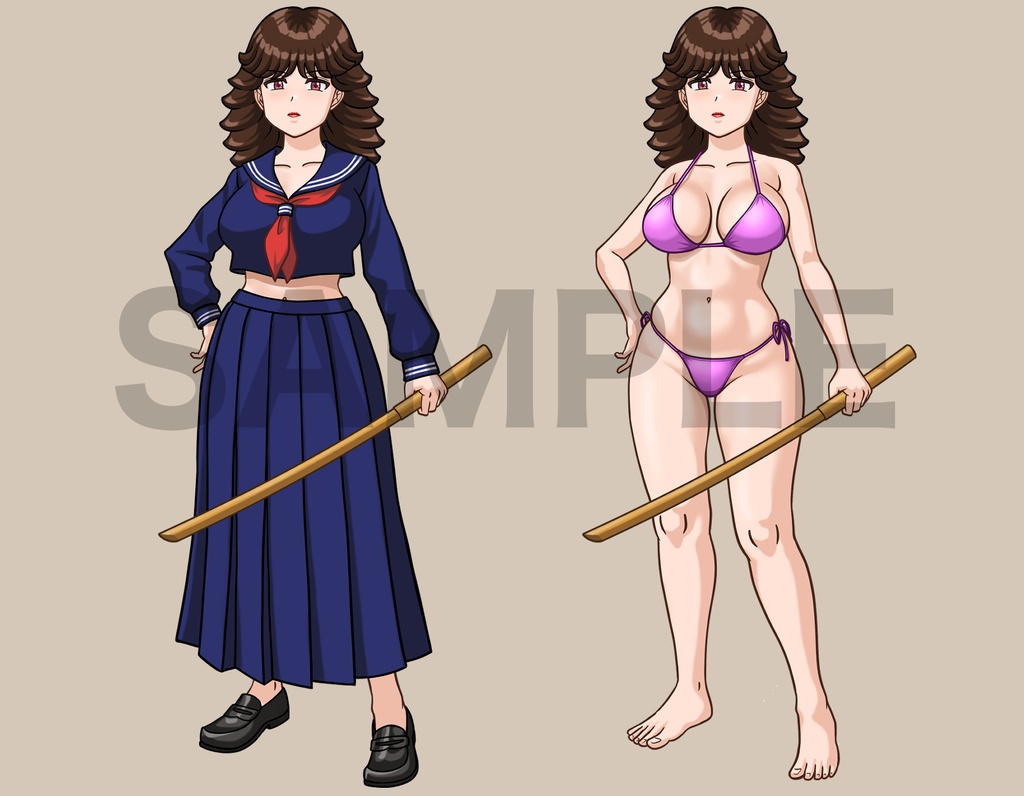 立ち絵素材、木刀を持ったスケバンと水着、C62