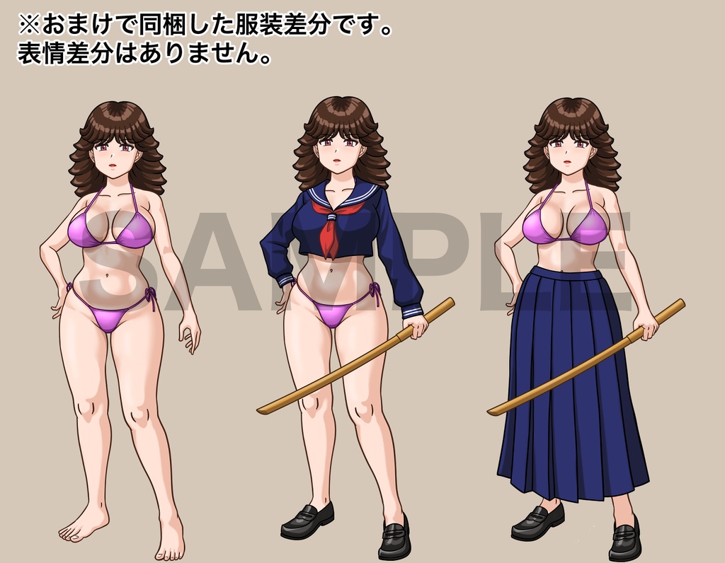 立ち絵素材、木刀を持ったスケバンと水着、C62