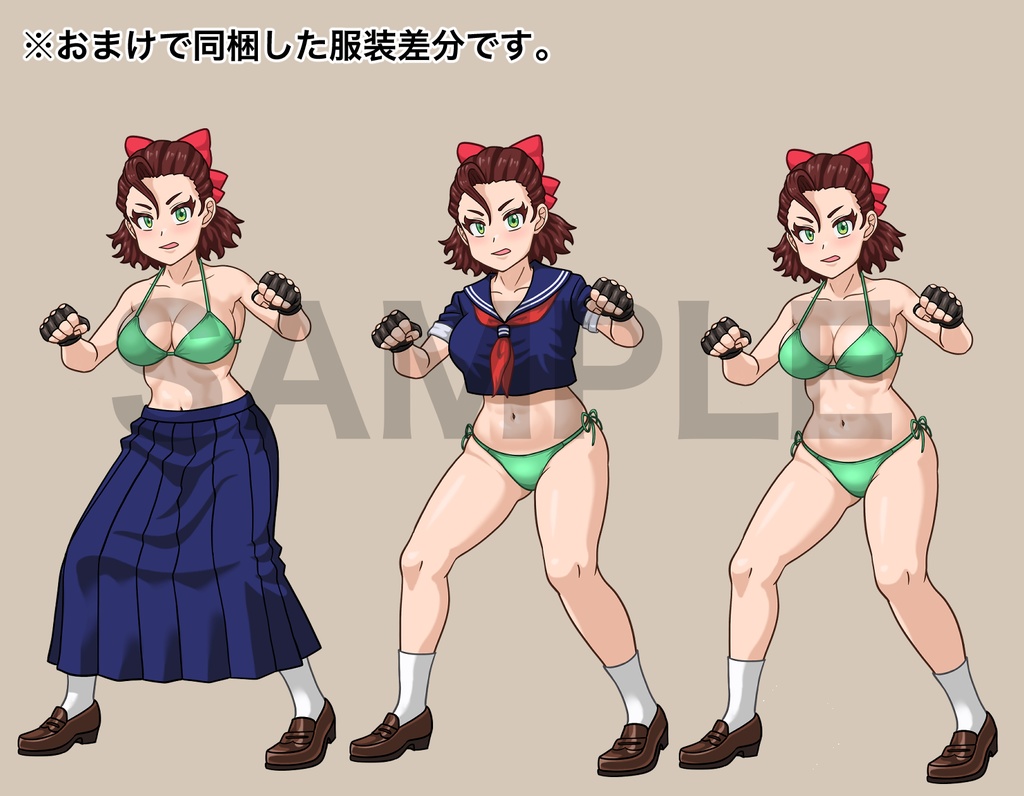 立ち絵素材、拳で戦うセーラー服の女性と水着、C64