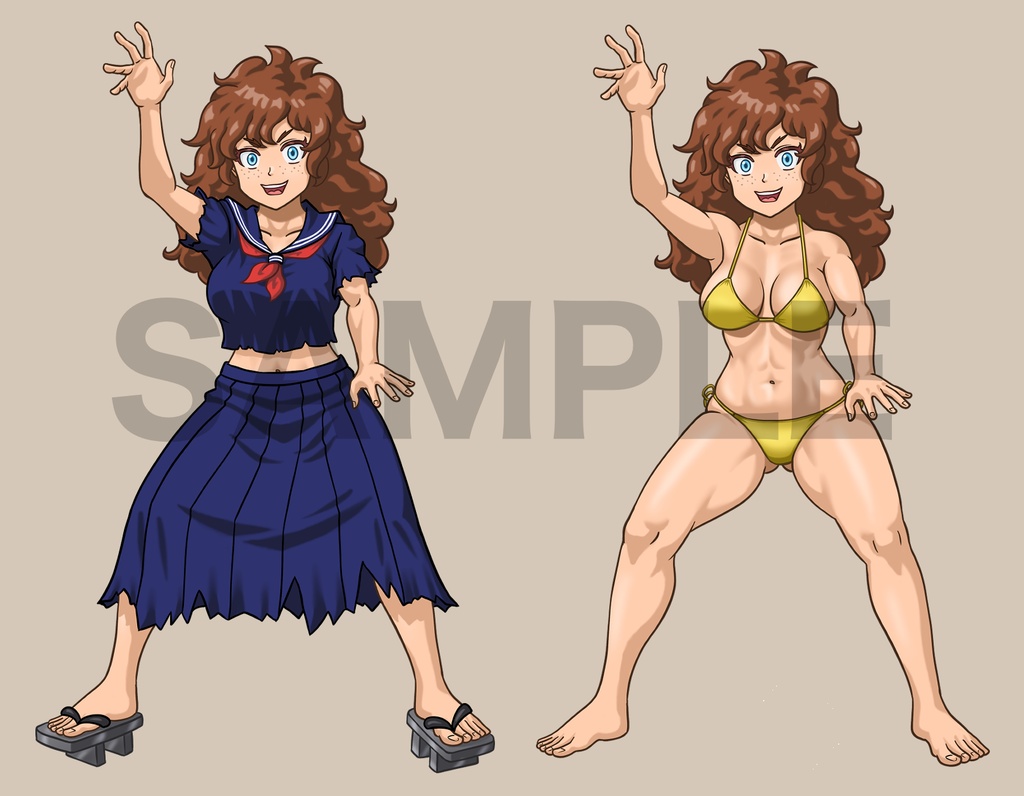 立ち絵素材、空手(天地上下の構え)で戦うセーラー服の女性と水着、C67