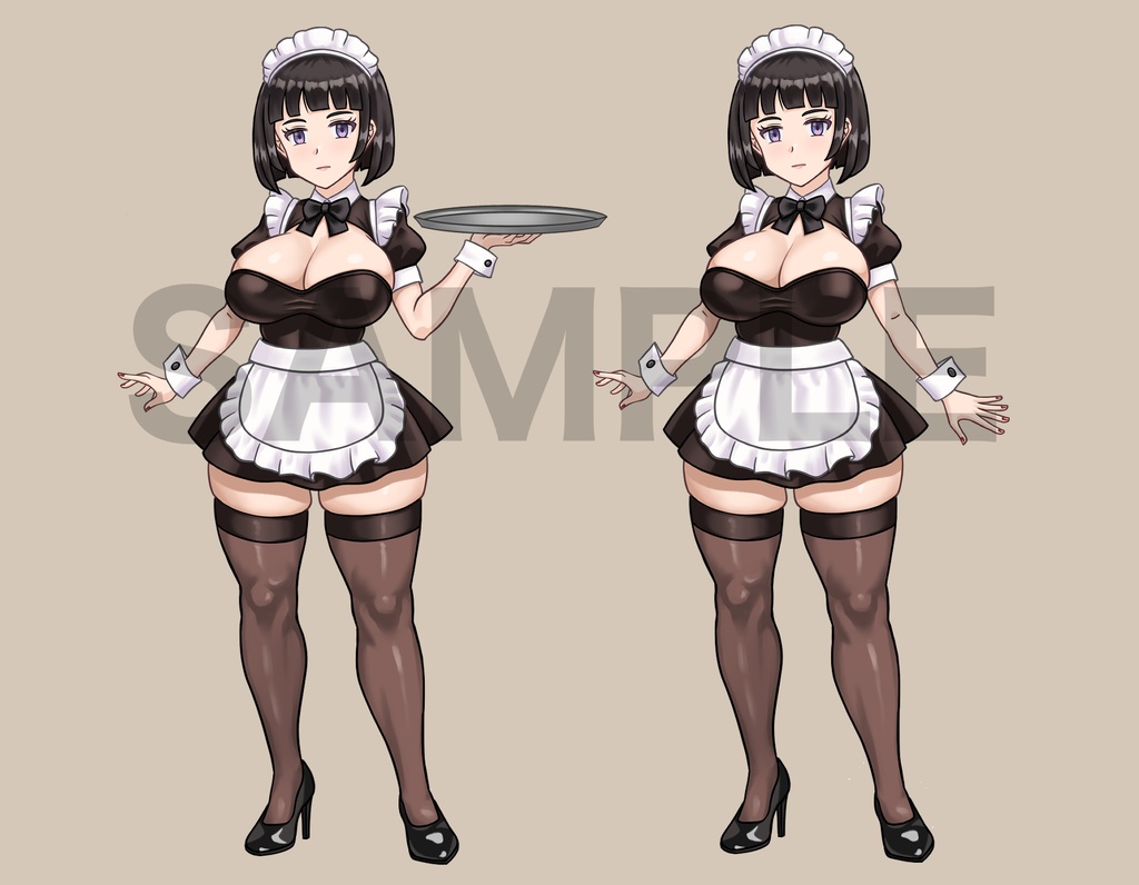 立ち絵素材、黒髪ボブのメイド、C68