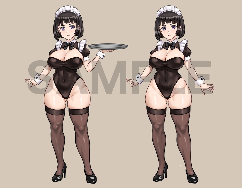 立ち絵素材、黒髪ボブのメイド、C68