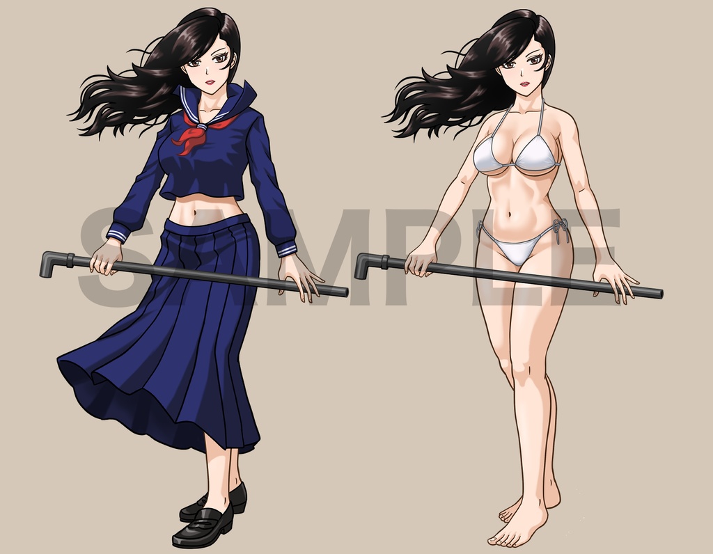 立ち絵素材、鉄パイプで戦うセーラー服の女性と水着、C70