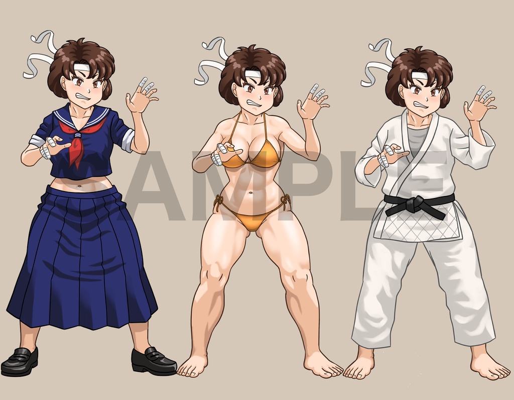 立ち絵素材、柔道で戦うセーラー服の女性と水着、C74