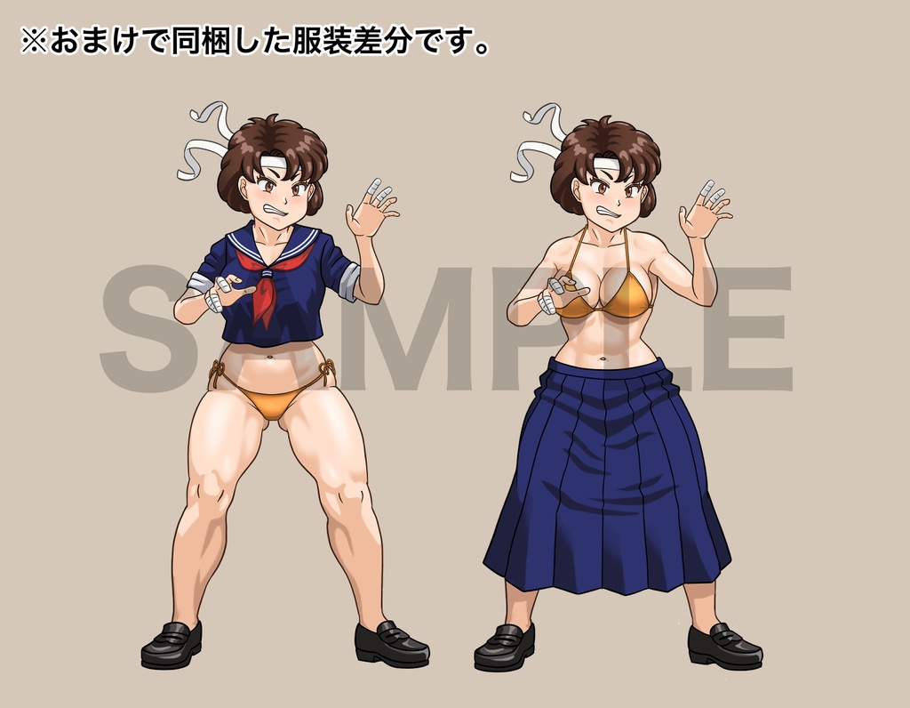 立ち絵素材、柔道で戦うセーラー服の女性と水着、C74