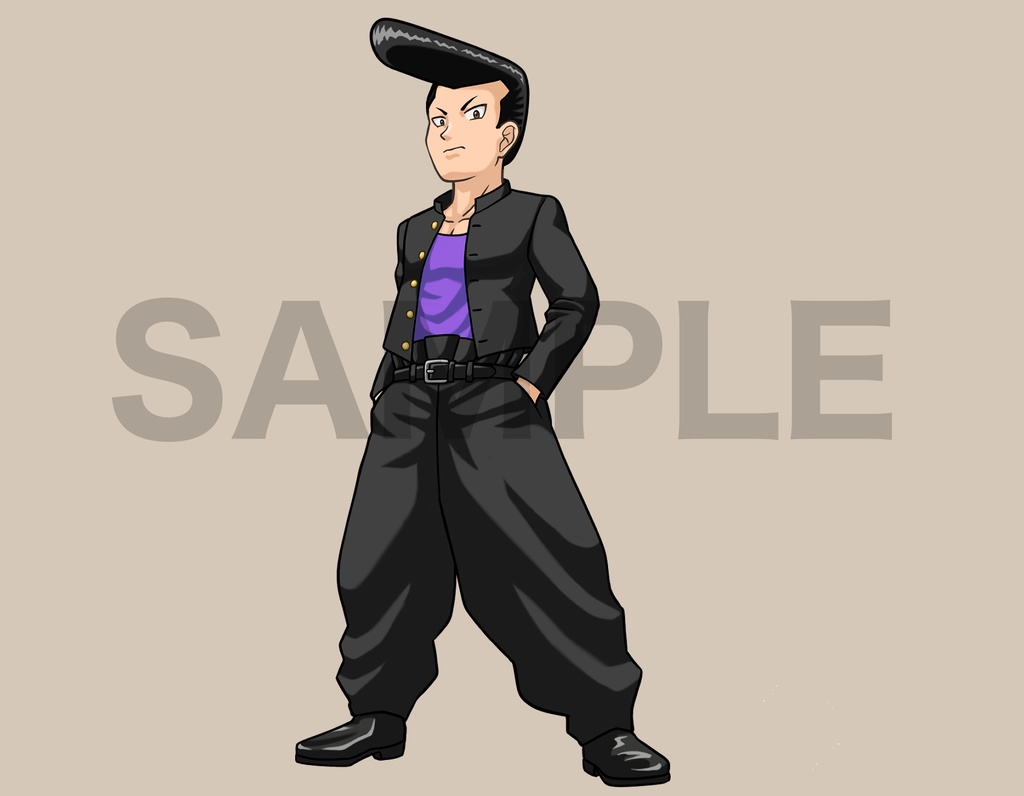 立ち絵素材、学ランを着たリーゼントのツッパリ男子高校生、C77