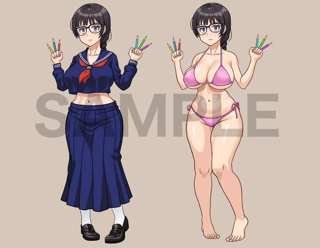 立ち絵素材、色鉛筆で戦う、メガネのセーラー服女性と水着、C78