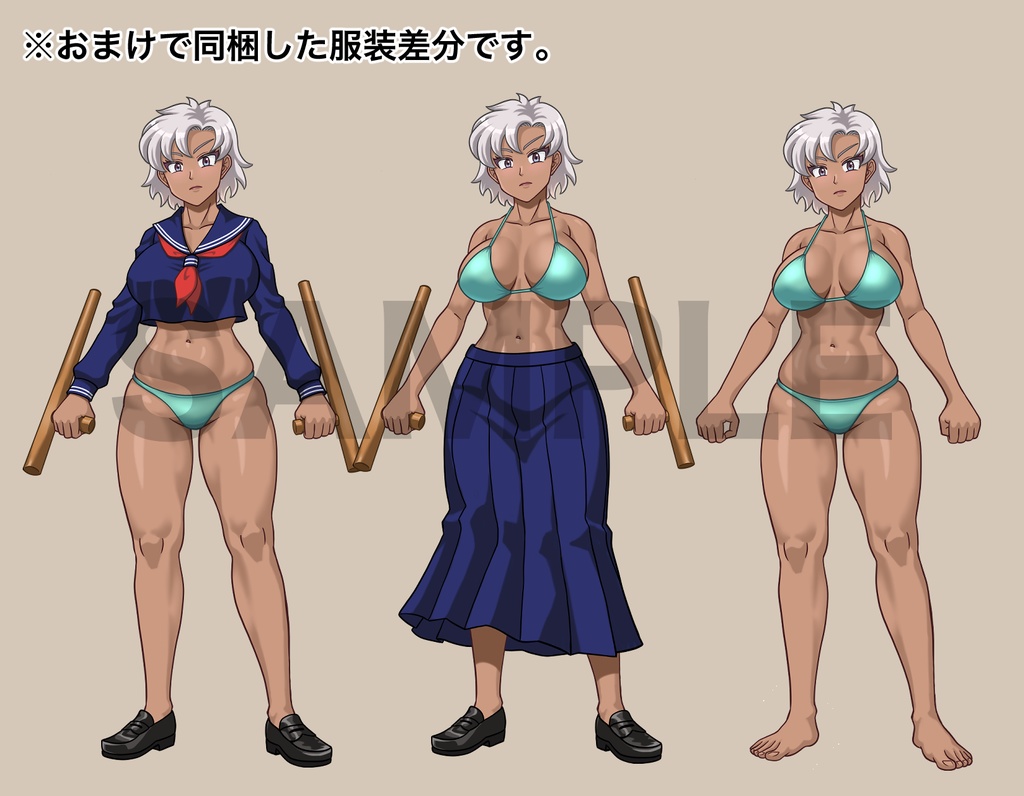 立ち絵素材、トンファーで戦う、セーラー服の女性と水着、C80