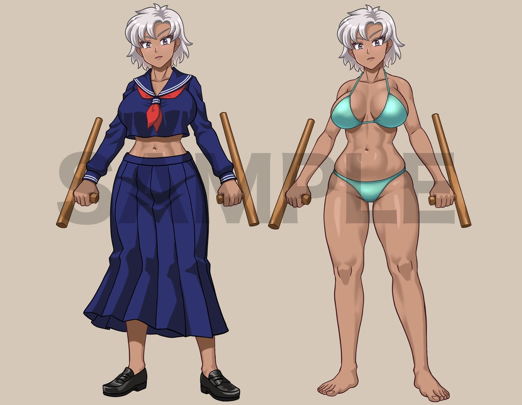 立ち絵素材、トンファーで戦う、セーラー服の女性と水着、C80