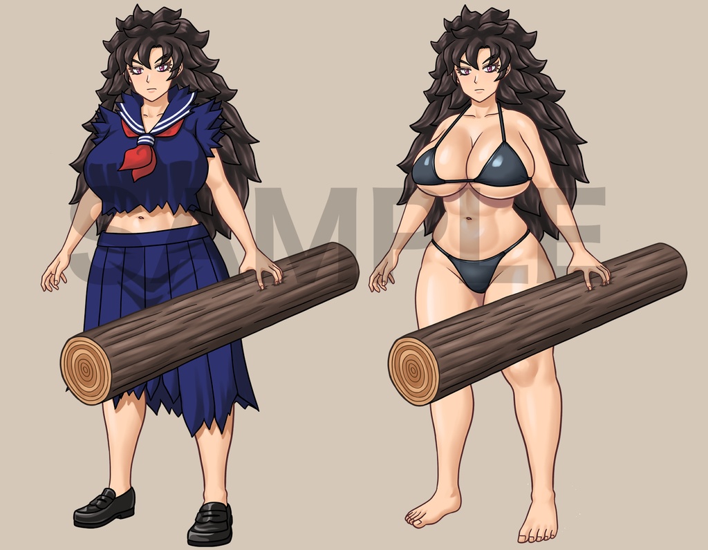 立ち絵素材、丸太で戦う、セーラー服女性と水着、C88