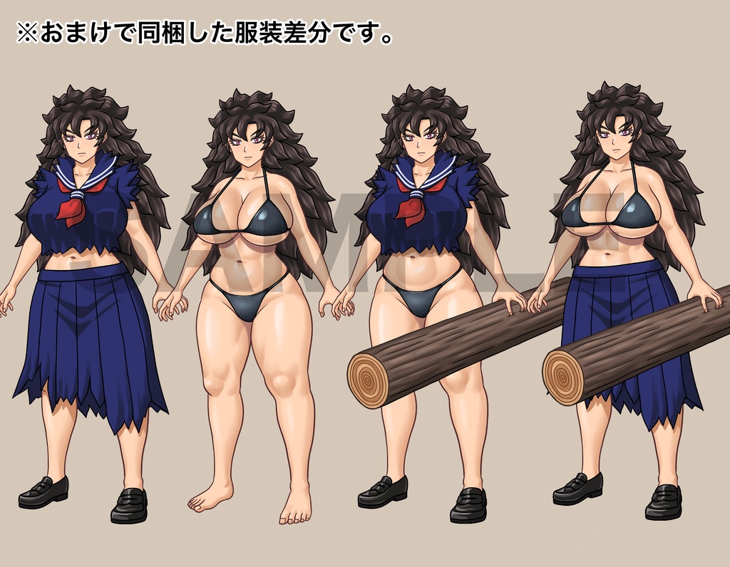 立ち絵素材、丸太で戦う、セーラー服女性と水着、C88