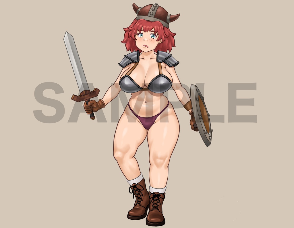 立ち絵素材、剣と盾を持った、ビキニアーマーの女戦士、C89