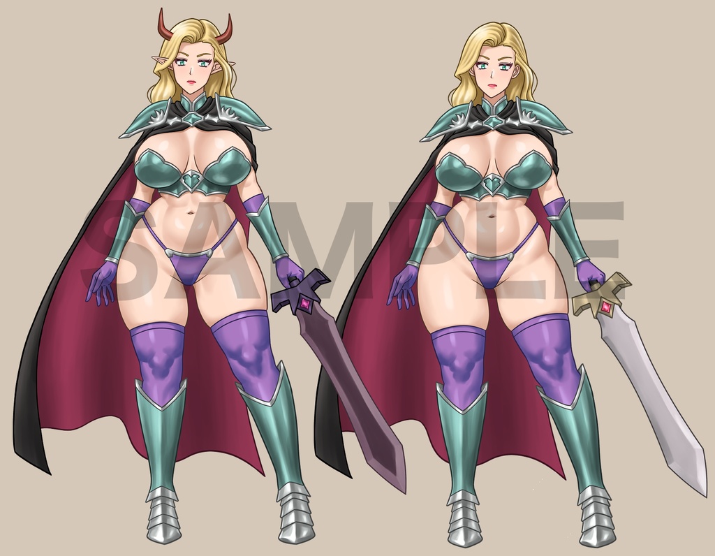 ゲーム、動画、TRPGなど自由に使える立ち絵素材、女剣士の魔族&人間、C98