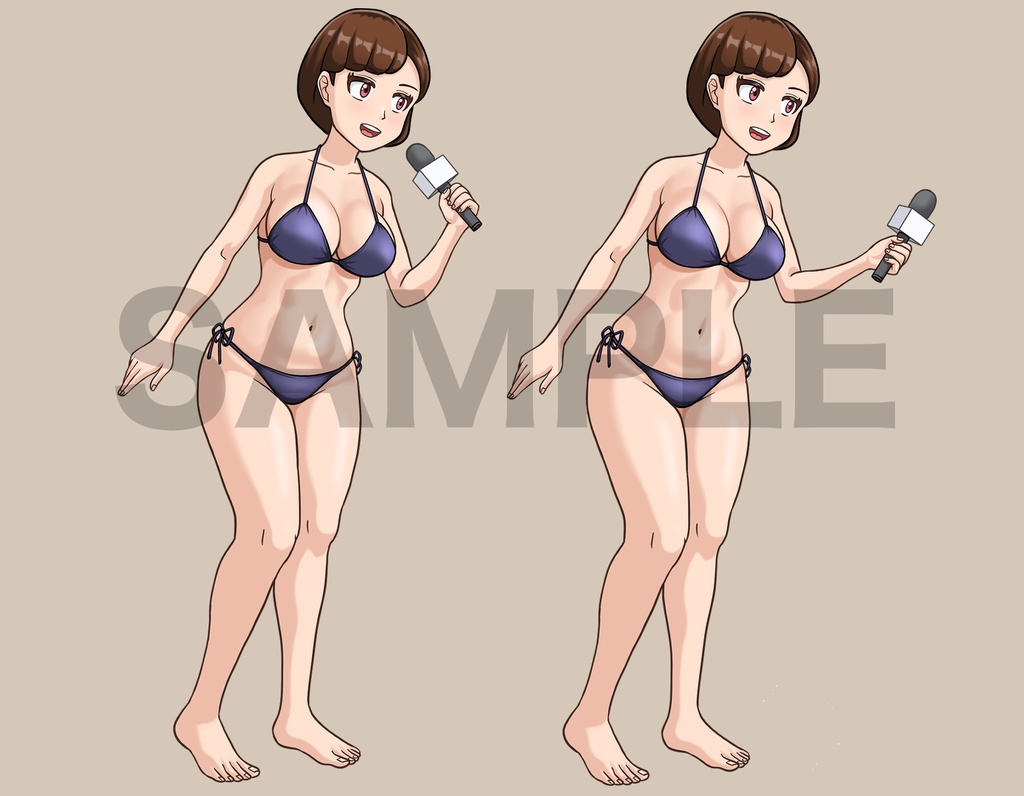 立ち絵素材、インタビューする、アナウンサーの女性&水着、C59