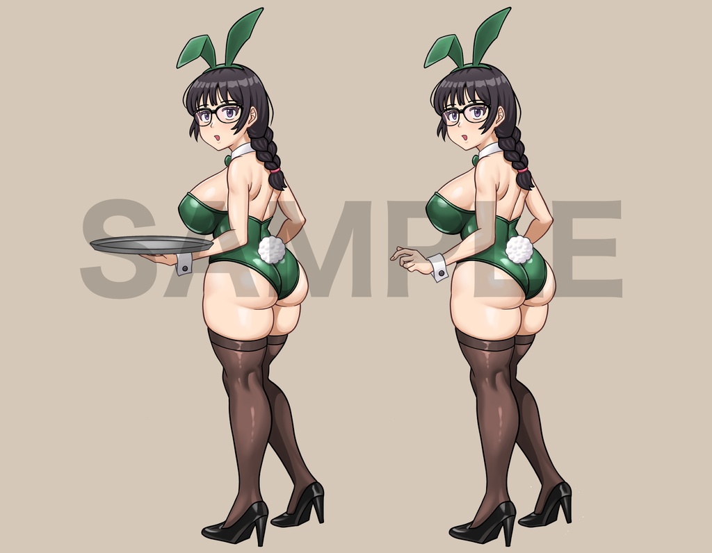 立ち絵素材、黒髪メガネのバニーガール、C78