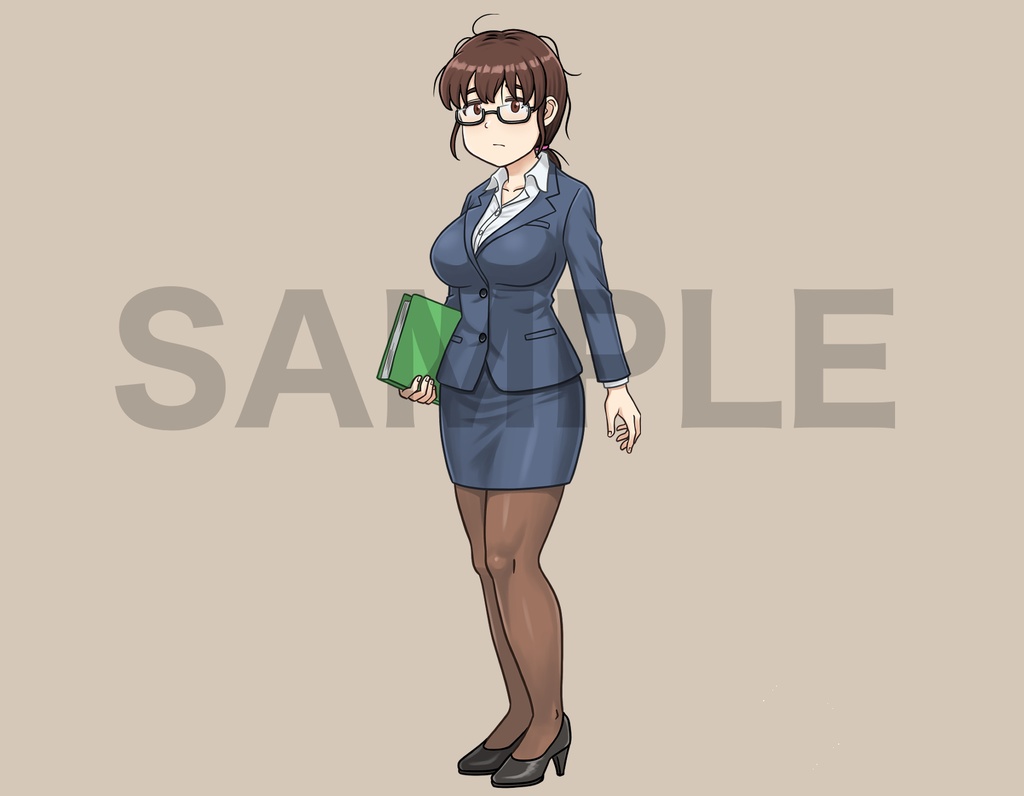 立ち絵素材、メガネのスーツの女性、C110