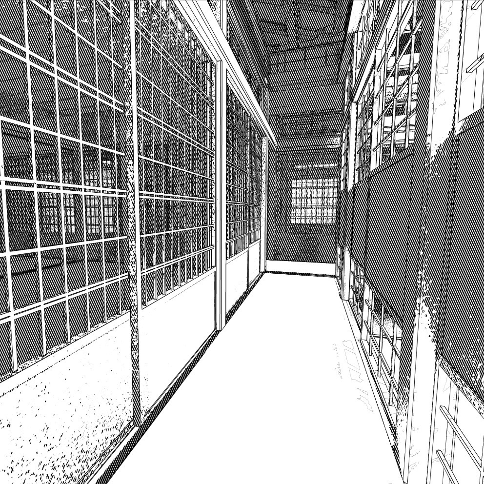 3D 町屋と和室そして庭 輪郭線付き 背景用